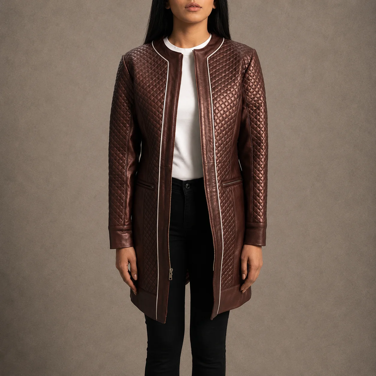 Serena women's quilted maroon genuine sheepskin leather coat with front zipper closure
