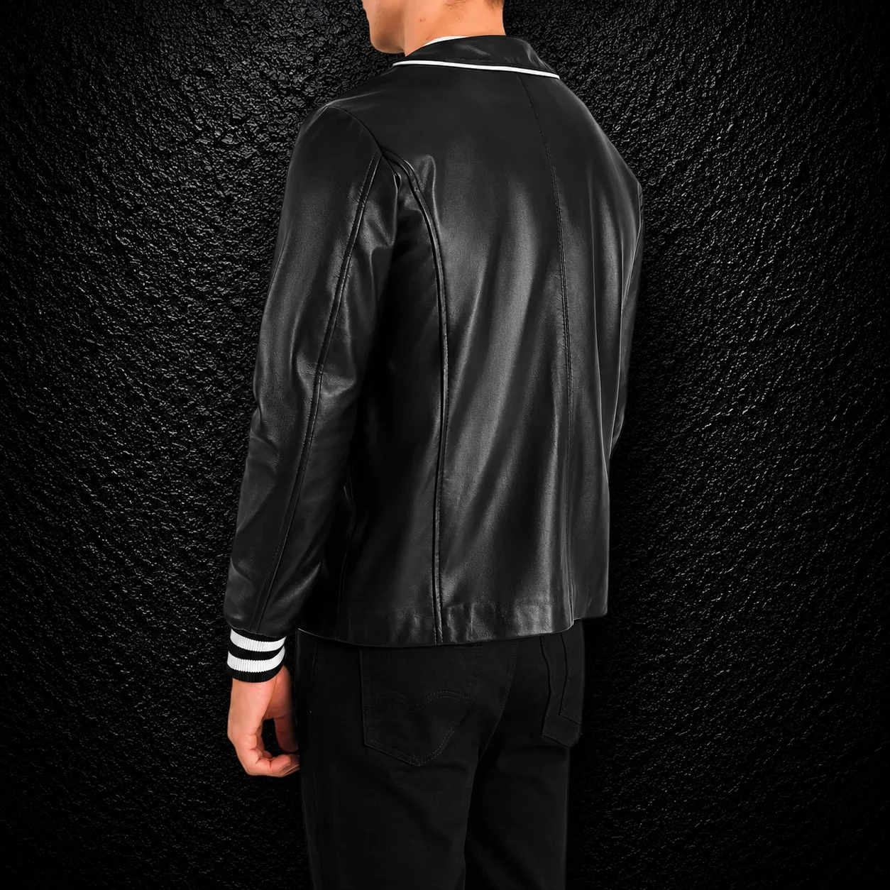 Men's Onyx Black Collarless Leather Varsity Jacket alternate