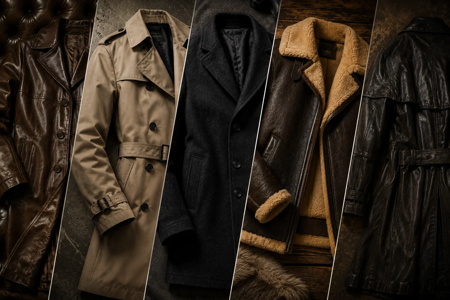 Men's premium coats collection featuring leather coats, trench coats, wool jackets, shearling coats, and classic outerwear by Jonny N Guys