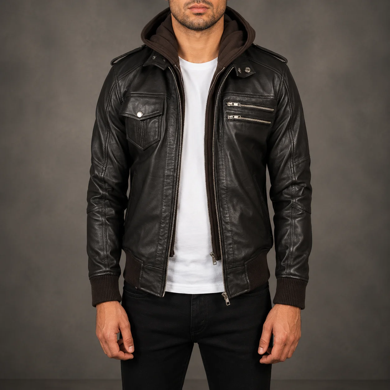 Kingston Brown Hooded Leather Bomber Jacket