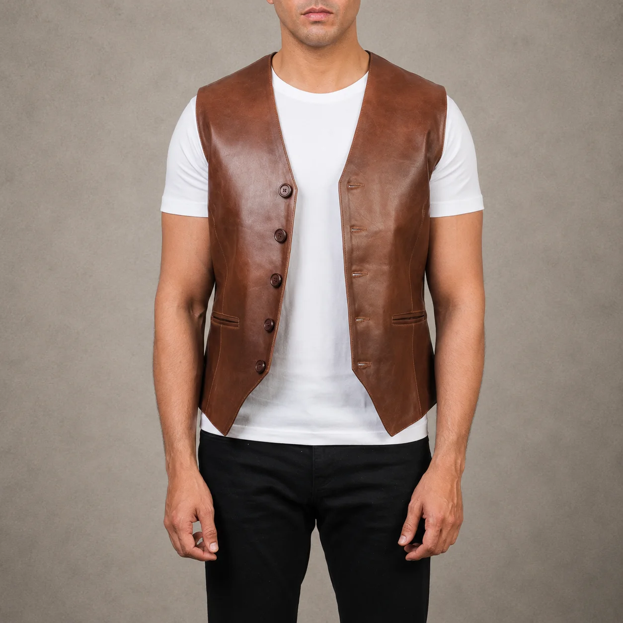 Men's Alden brown leather vest crafted from premium genuine leather featuring a rich brown finish, classic sleeveless silhouette, durable construction, comfortable tailored fit, and timeless everyday style by Jonny N Guys