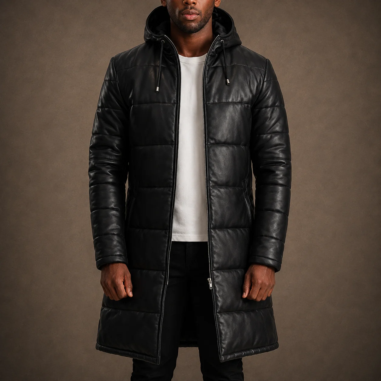 Men's Arctic Black Hooded Leather Puffer Coat for Winter