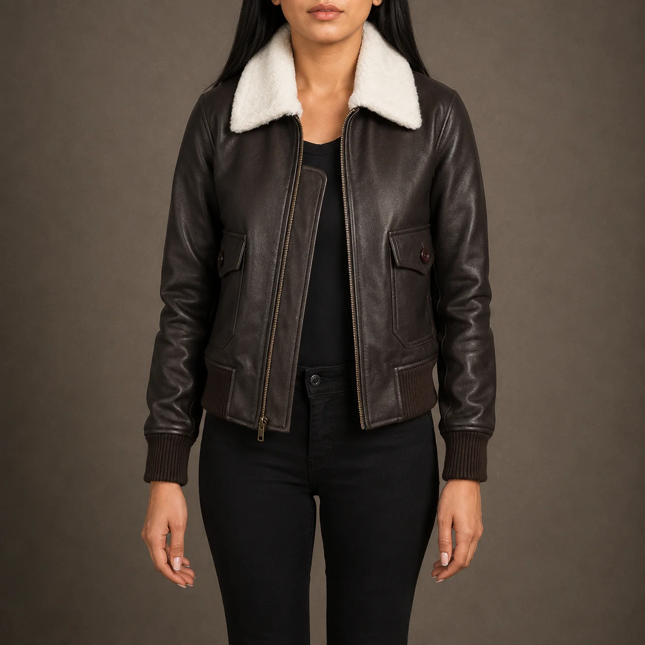 Marlowe women's G-1 brown sheepskin leather bomber jacket with removable shirt collar and rib-knit cuffs