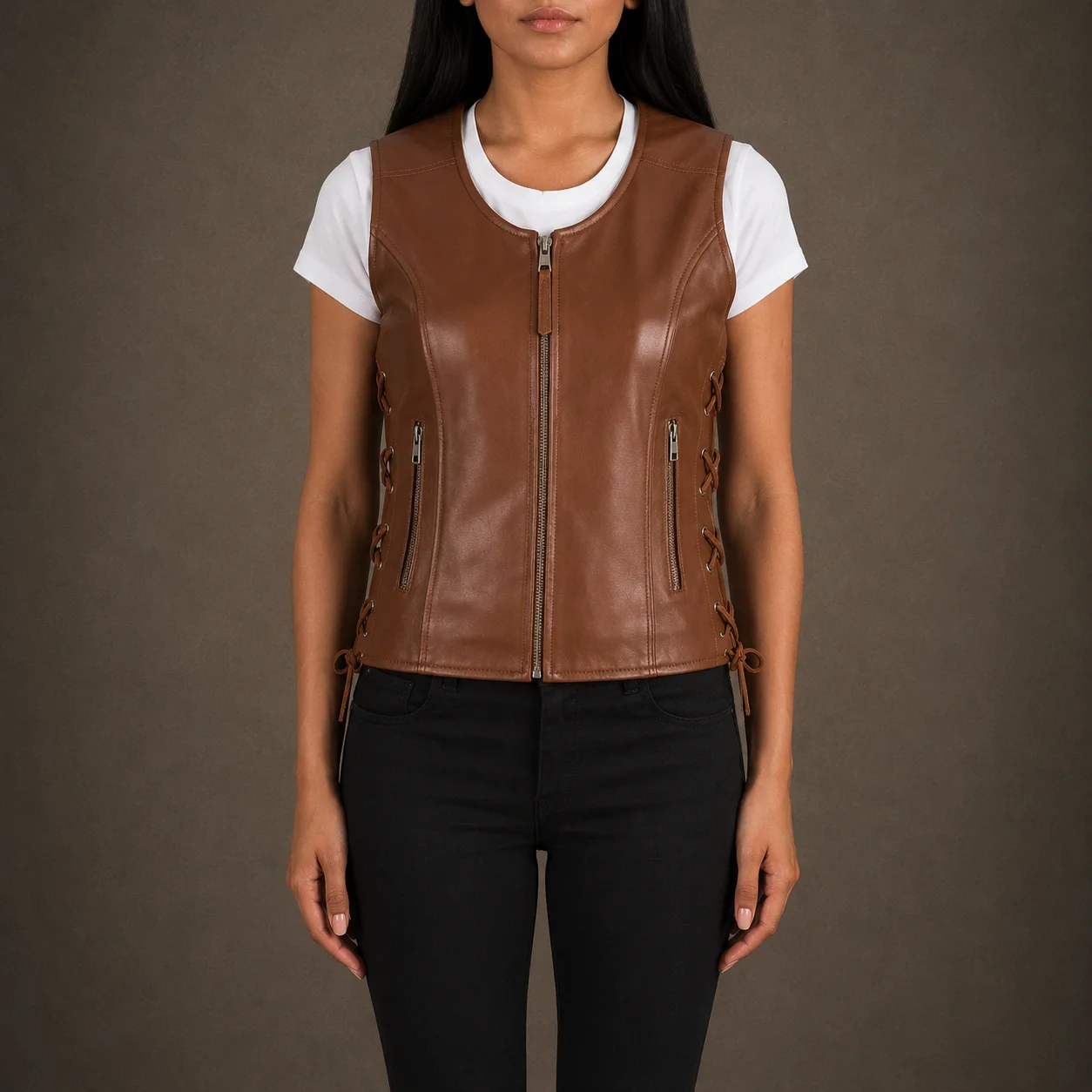 Women’s Vanda Brown Genuine Sheepskin Leather Biker Vest