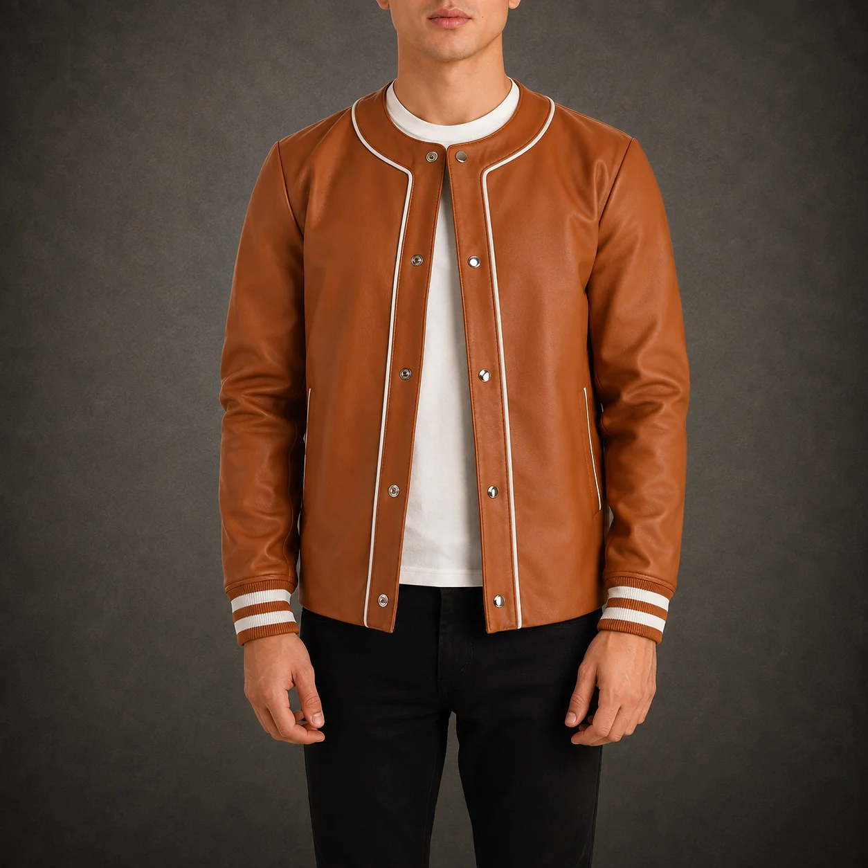 Men's Ridge Tan Brown Sheepskin Leather Varsity Jacket