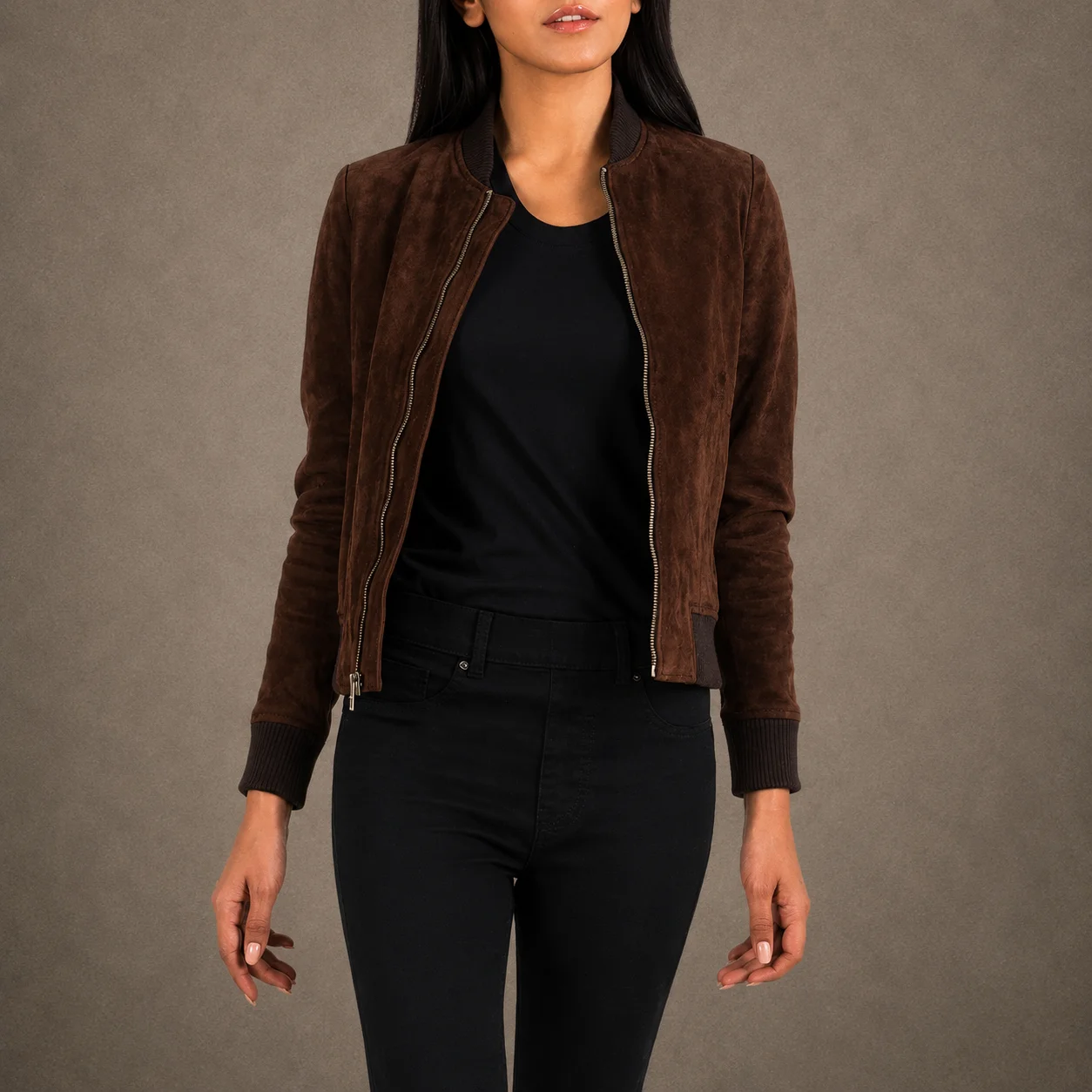 Women’s Bliss Brown Goatskin Suede Leather Bomber Jacket