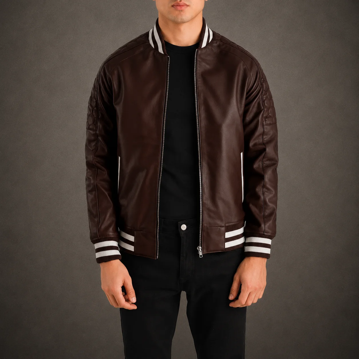 Men's Crimson Maroon Leather Varsity Jacket in Genuine Sheepskin