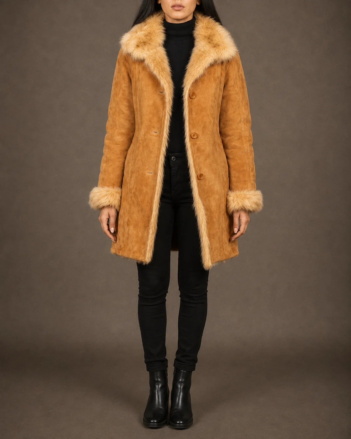 Elara women's distressed beige suede leather coat with faux fur lining and notch collar