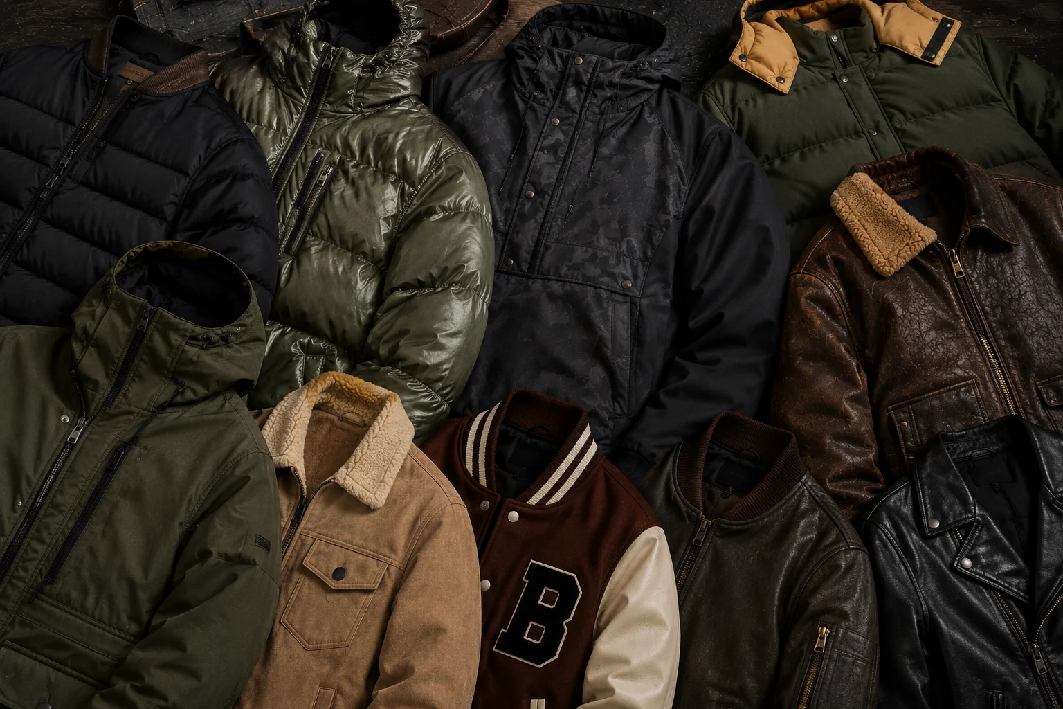 Premium men's jackets collection featuring leather, bomber, biker, aviator, suede, varsity, and winter styles by Jonny N Guys