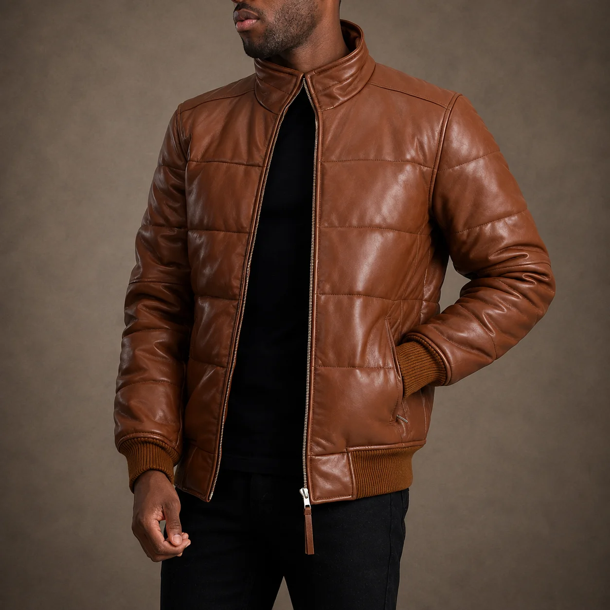 Men's Ember Brown Sheepskin Leather Puffer Bomber Jacket