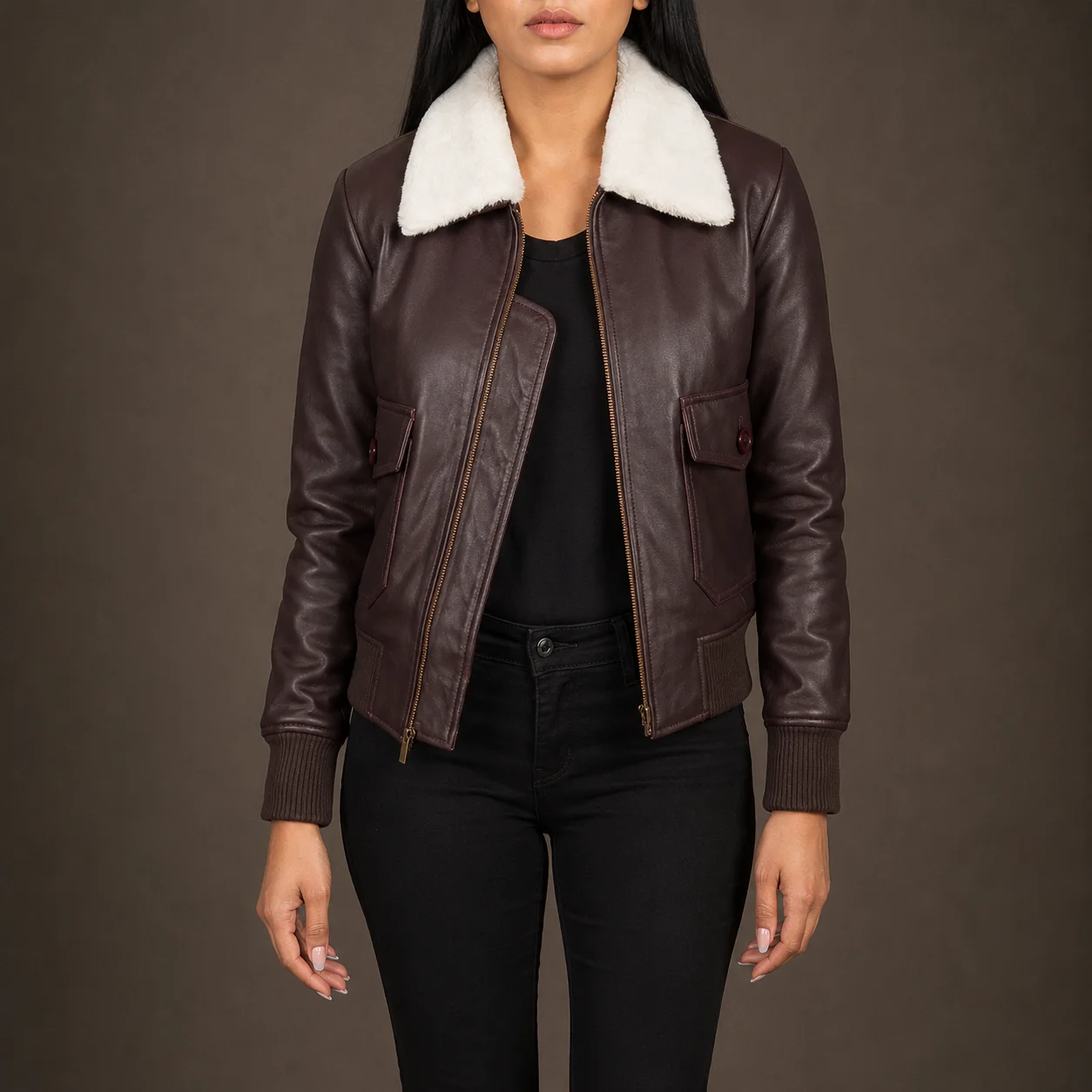 Valeria women's maroon G-1 sheepskin leather bomber jacket with removable collar and rib-knit cuffs