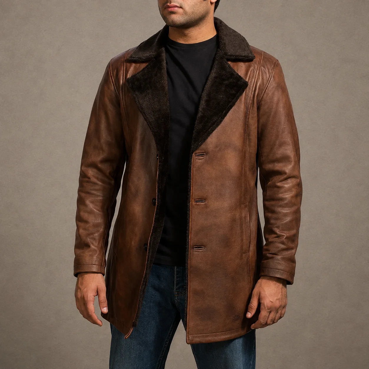 Men’s Cinnamon Distressed Brown Fur-Lined Sheepskin Leather Coat