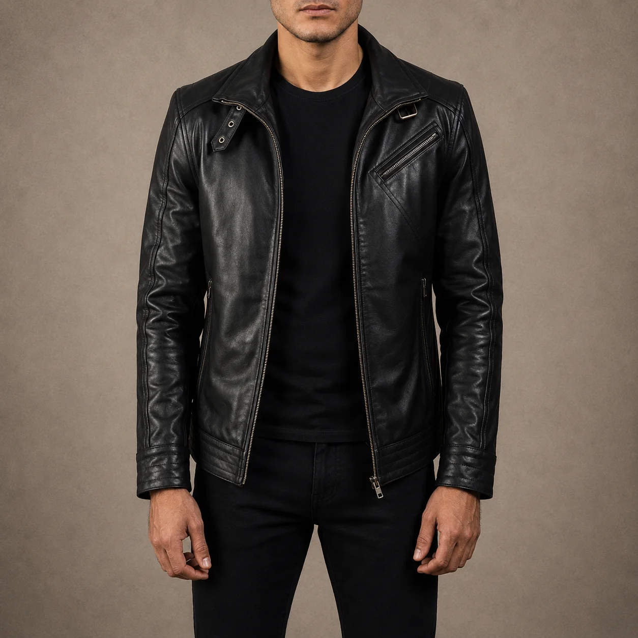 Men's Sentinel Black Cowhide Leather Biker Jacket with High Neck Collar
