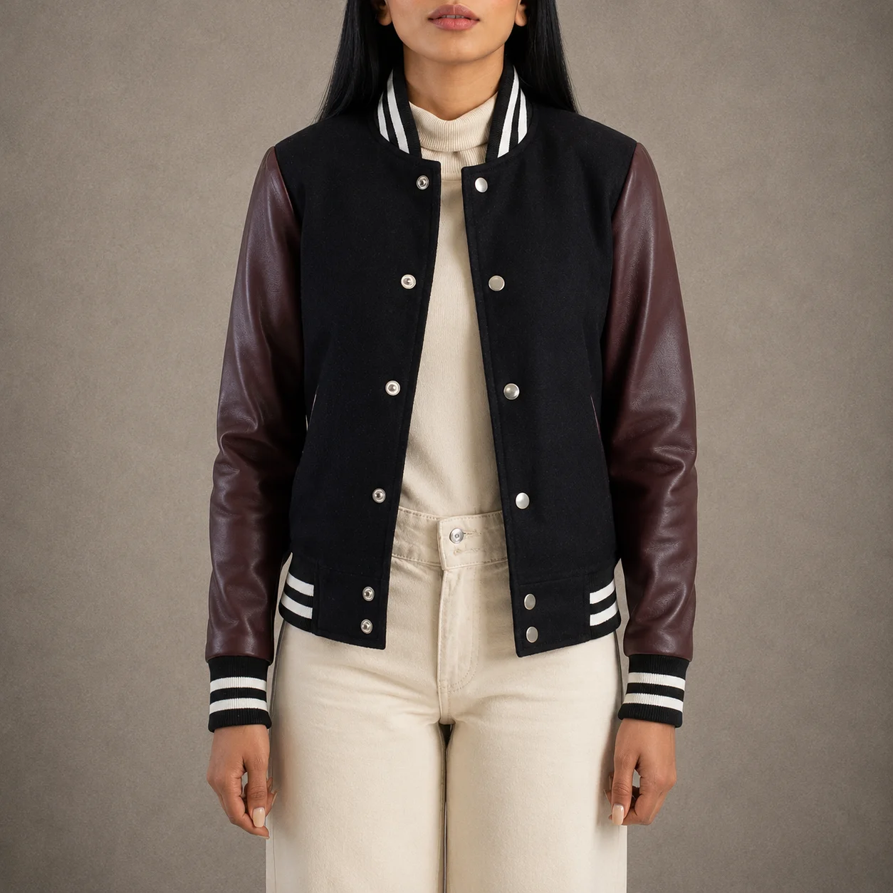 Women's maroon and black hybrid varsity jacket with genuine sheepskin leather sleeves
