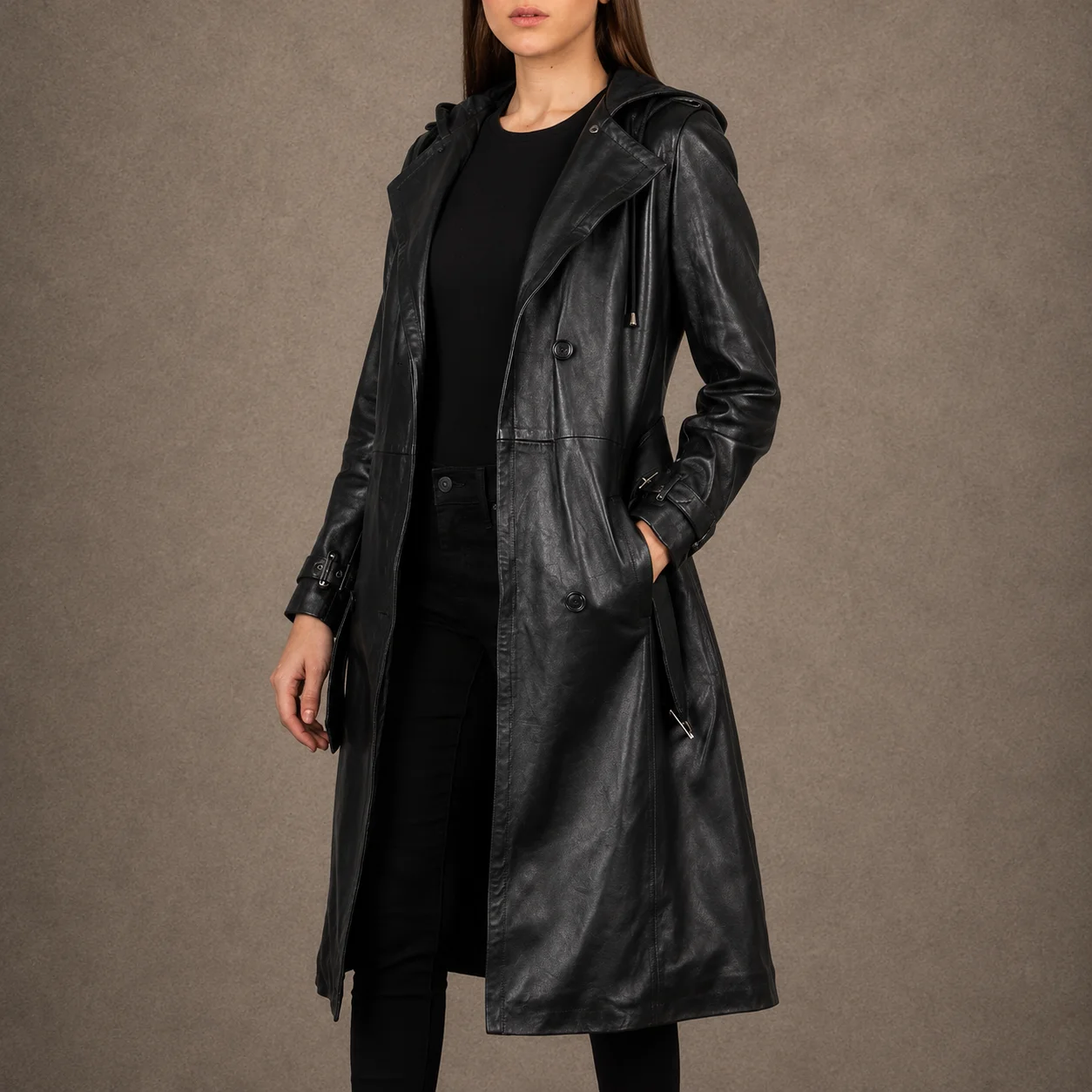Marlowe women's hooded black leather trench coat with waist belt