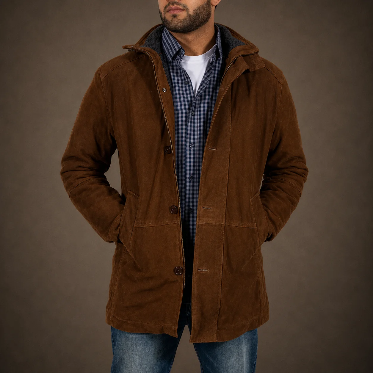 Men's Ranger Brown Goatskin Suede Shearling Jacket with Faux Fur Lining