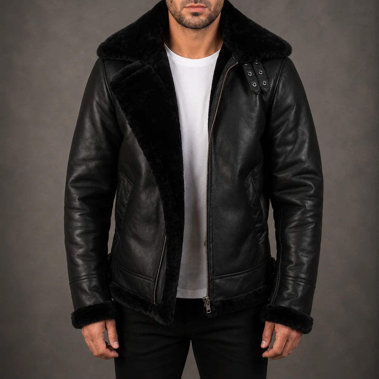 Men's Francis B-3 black leather bomber jacket crafted from premium genuine leather featuring a classic B-3 flight-inspired silhouette, sleek black finish, durable construction, and timeless everyday style by Jonny N Guys