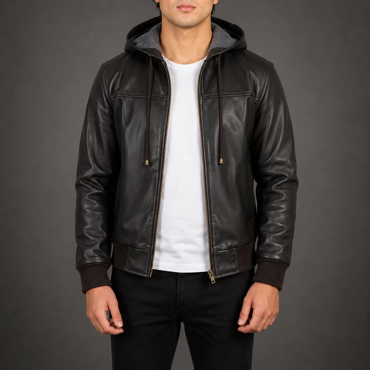 Men's Carter brown hooded leather bomber jacket crafted from premium genuine leather featuring a rich brown finish, attached hood, classic bomber silhouette, ribbed cuffs and hem, durable construction, and timeless everyday style by Jonny N Guys