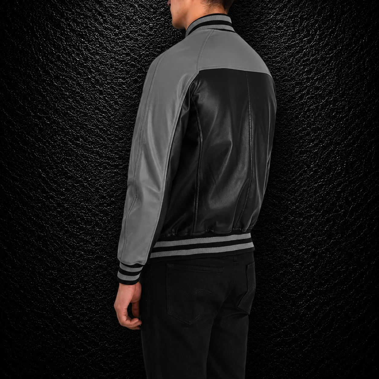 Men's Graphite Black & Grey Leather Varsity Jacket alternate