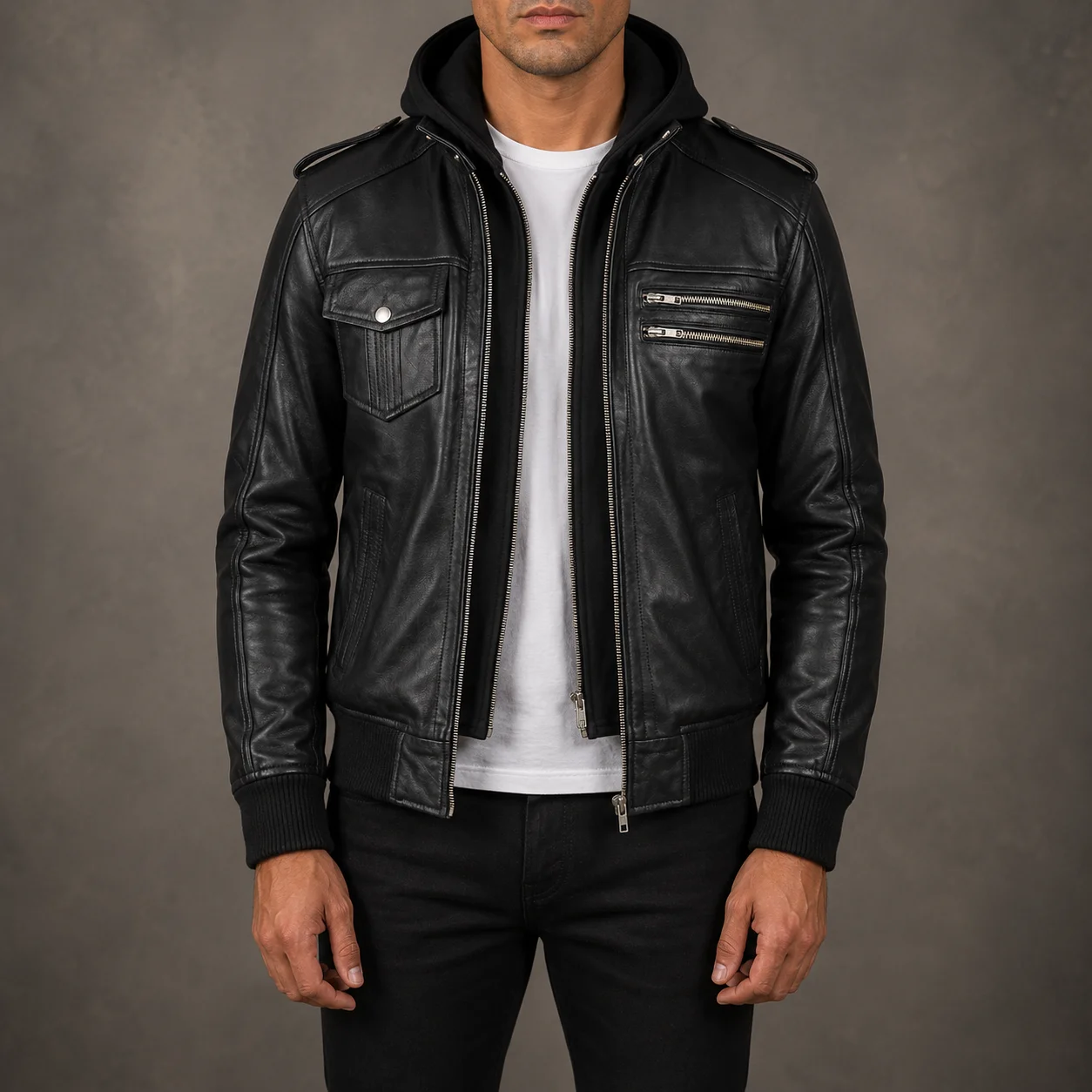 Bravado Black Hooded Leather Bomber Jacket
