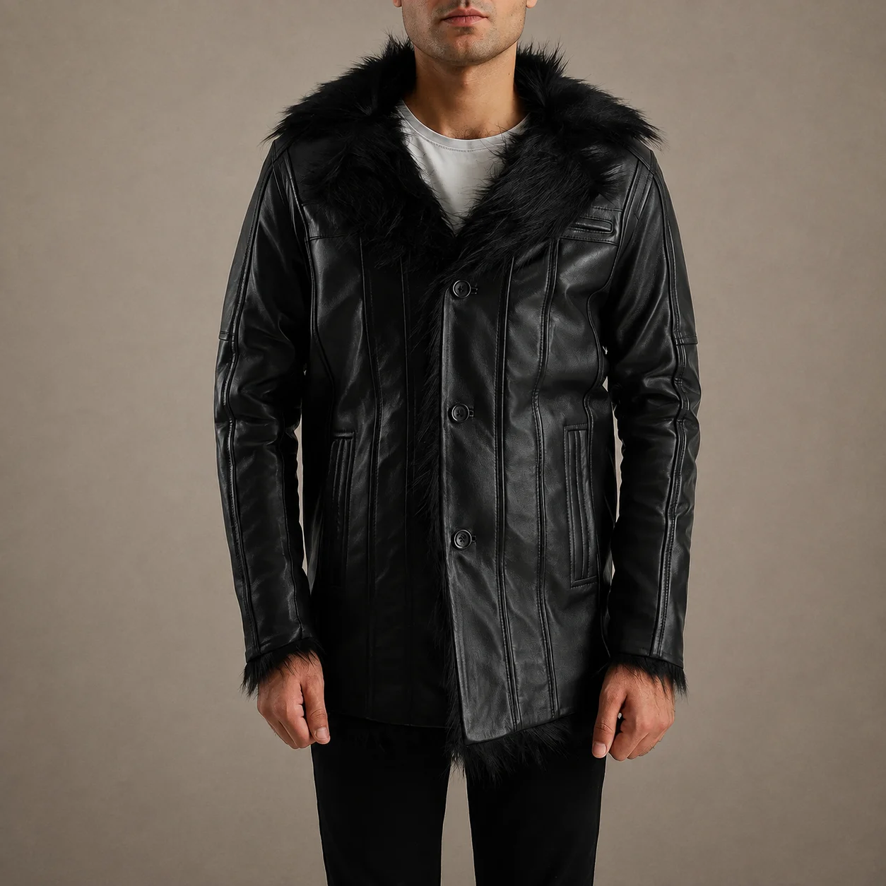 Men's Kingsley black leather coat crafted from premium genuine leather featuring a structured longline silhouette, sleek black finish, refined tailoring, durable construction, and timeless outerwear style by Jonny N Guys