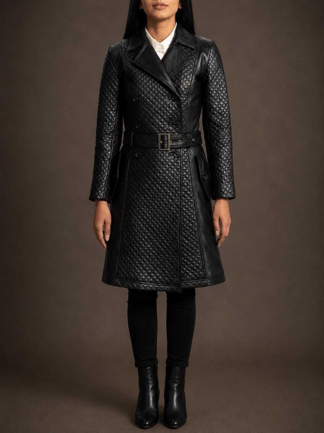 Elara women's black sheepskin leather trench coat with notch collar and adjustable waist belt