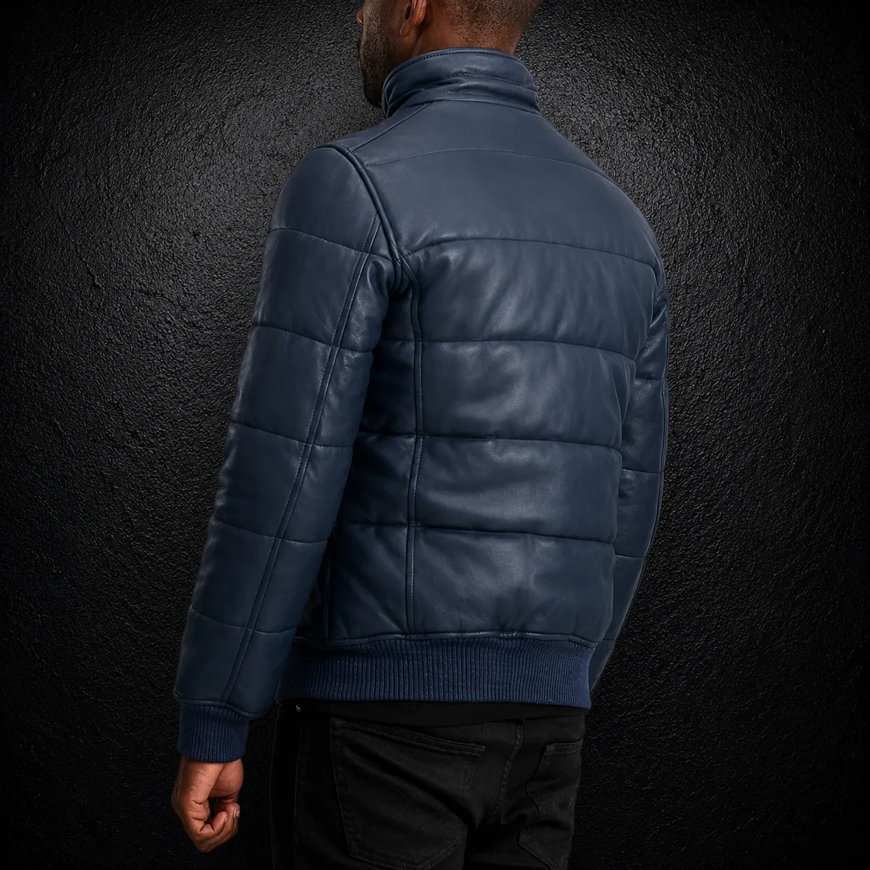 Men's Cobalt Blue Leather Puffer Bomber Jacket alternate