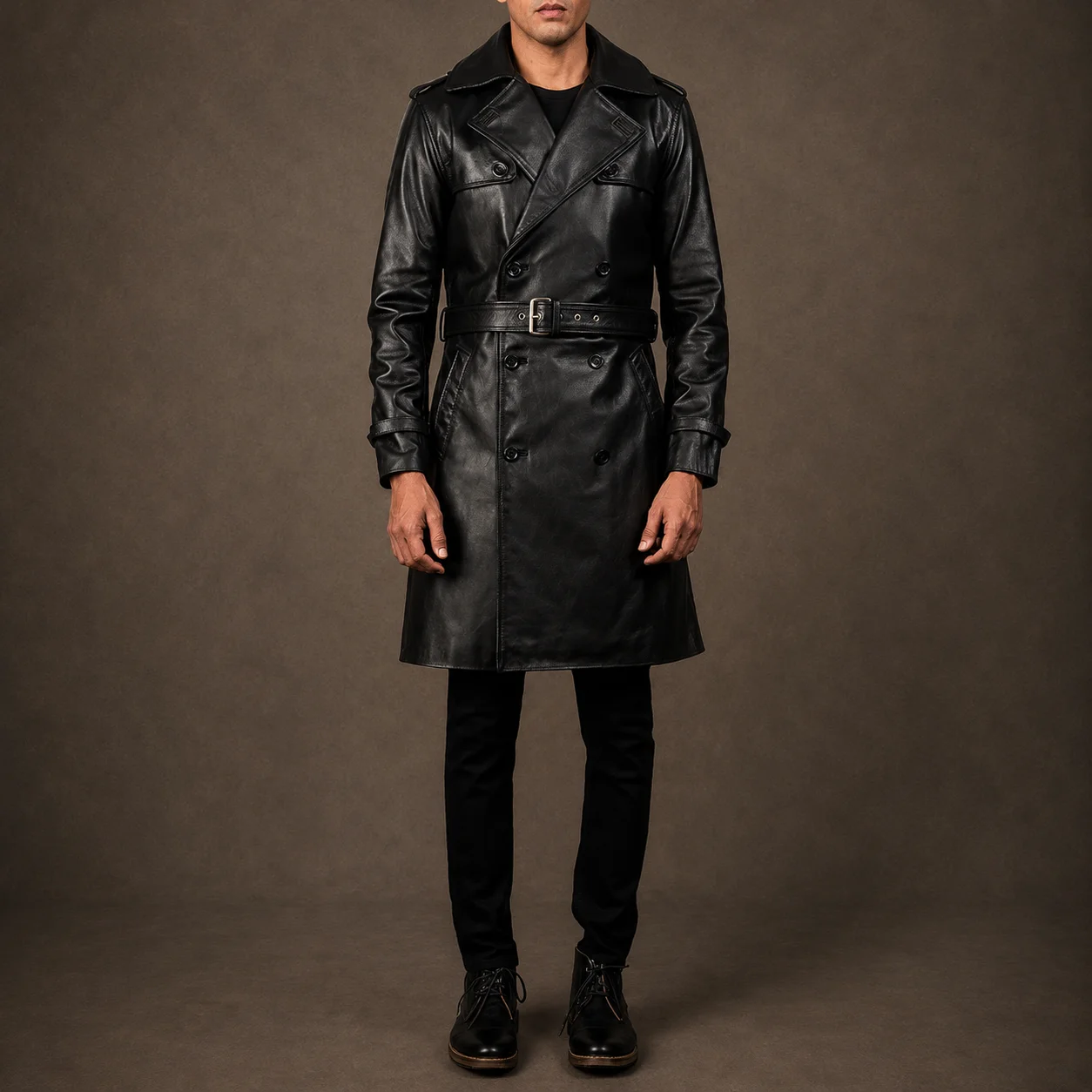 Men's Raven Black Cowhide Leather Duster Coat with Belt