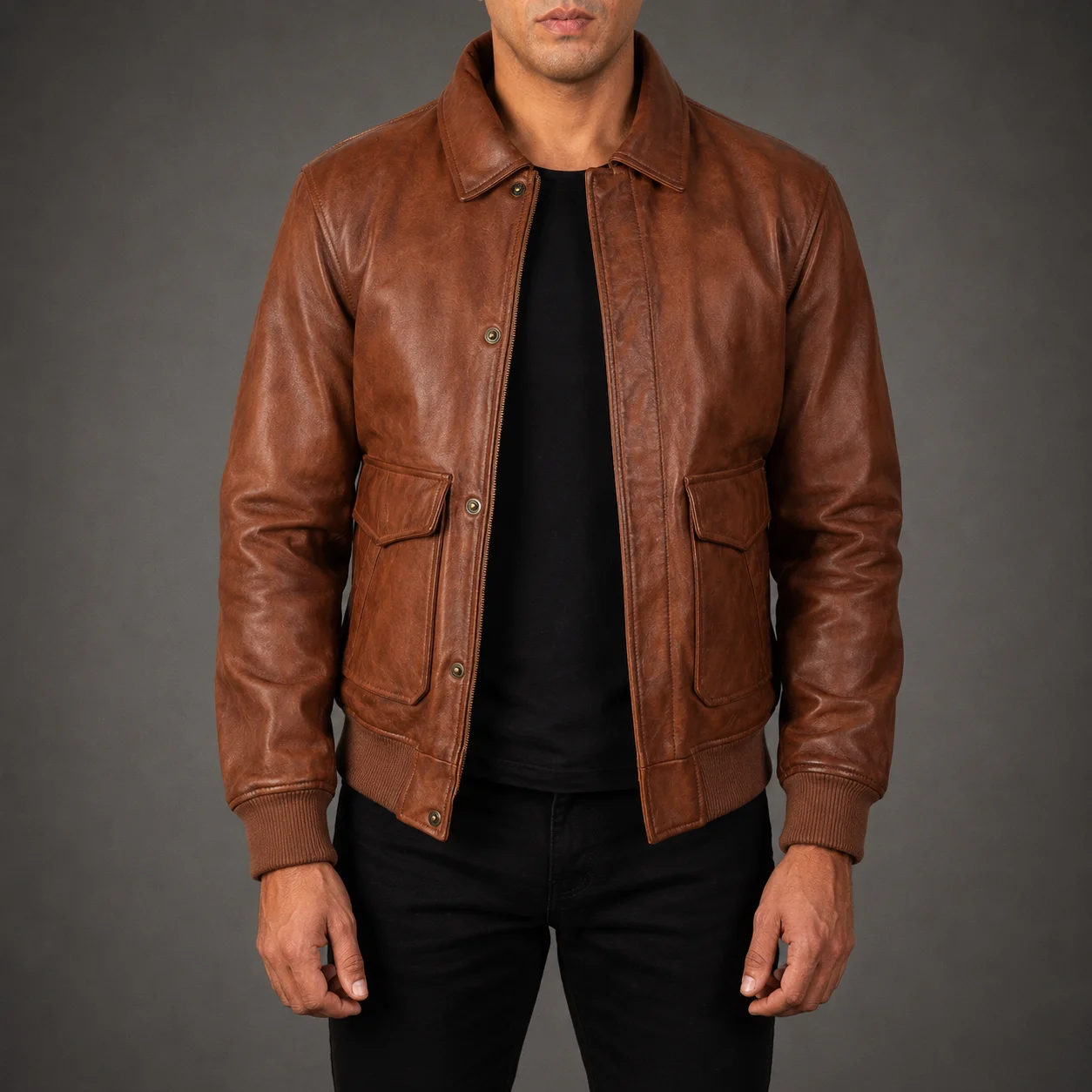 Men's Maddox A-2 brown leather bomber jacket crafted from premium genuine leather featuring a classic A-2 flight silhouette, rich brown finish, durable construction, ribbed trims, and timeless aviation-inspired style by Jonny N Guys