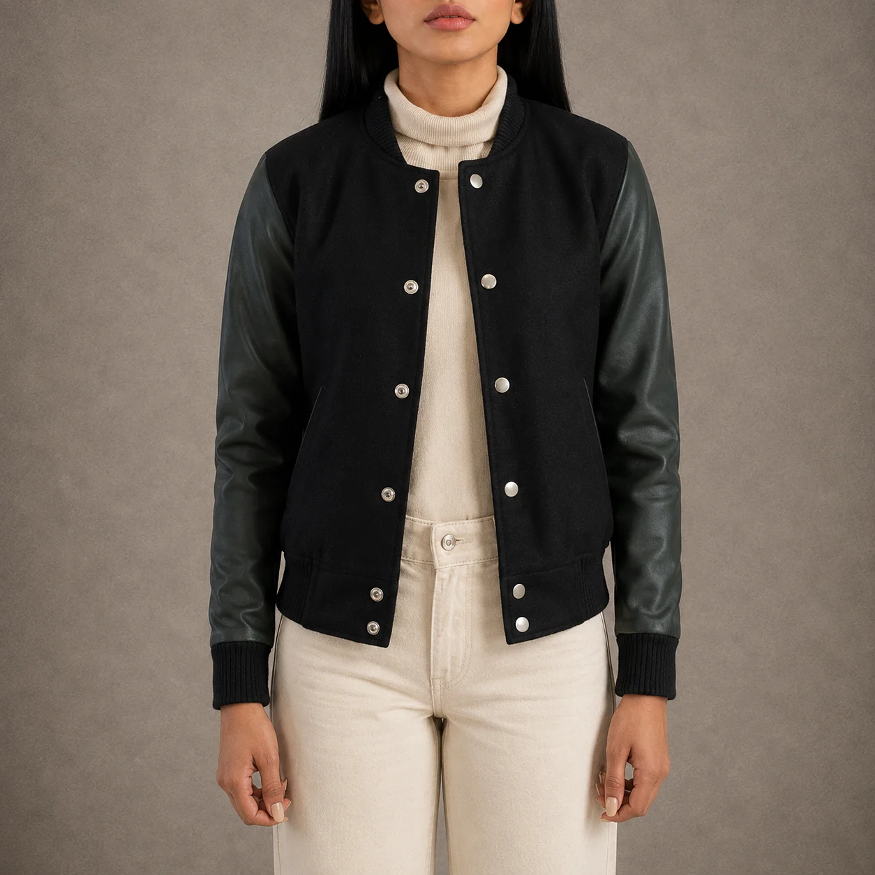Women's green and black hybrid varsity jacket with genuine sheepskin leather sleeves