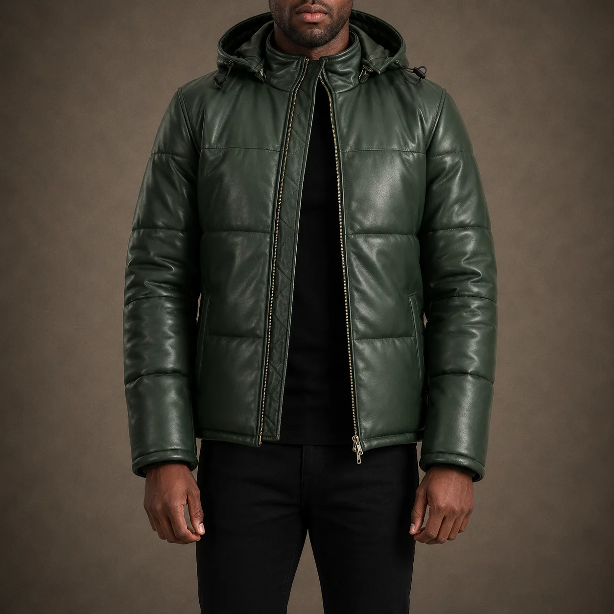 Men's Evergreen Green Sheepskin Hooded Leather Puffer Jacket