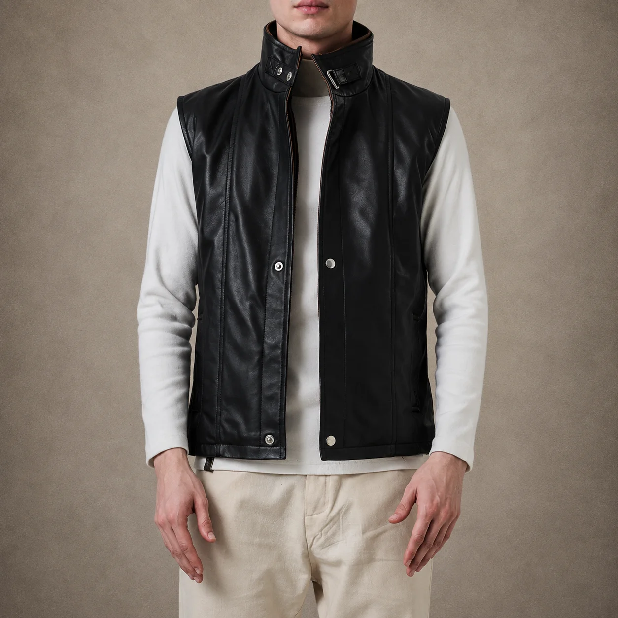 Men's Beckett black leather vest crafted from premium genuine leather featuring a sleek black finish, classic sleeveless silhouette, durable construction, comfortable tailored fit, and timeless everyday style by Jonny N Guys