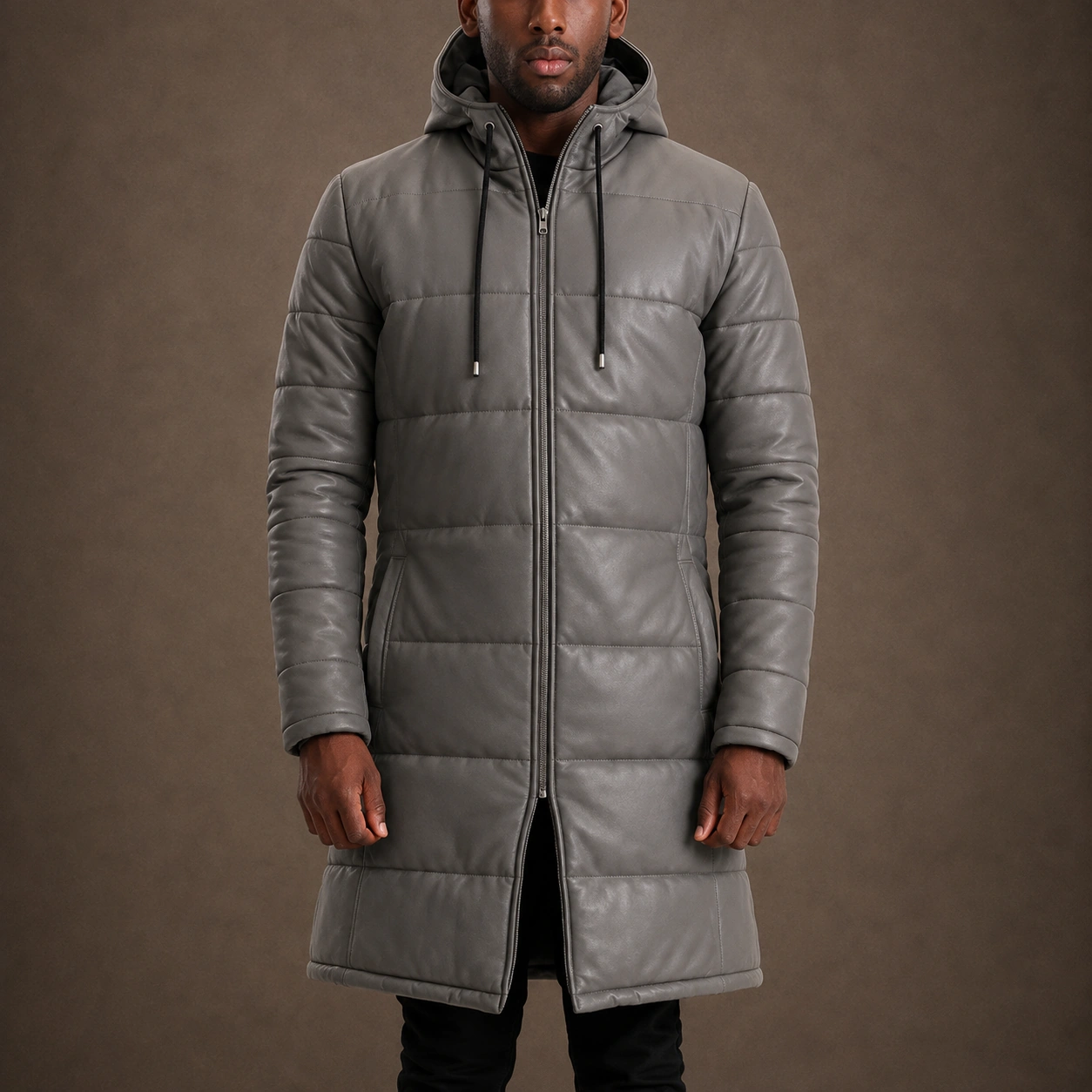 Men's Sterling Grey Sheepskin Hooded Leather Puffer Coat