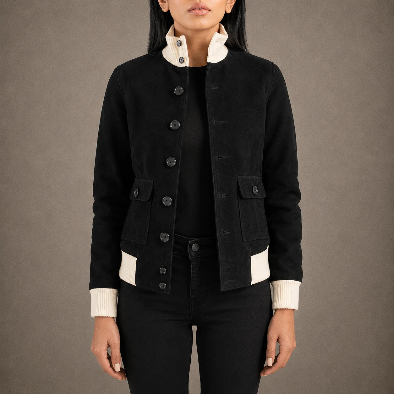 Sable Noir women's black goatskin suede bomber jacket with button closure and rib-knit collar