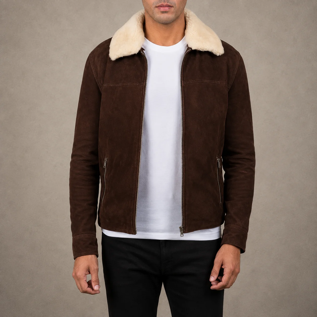 Men's Vintage Brown Suede Shearling Leather Jacket