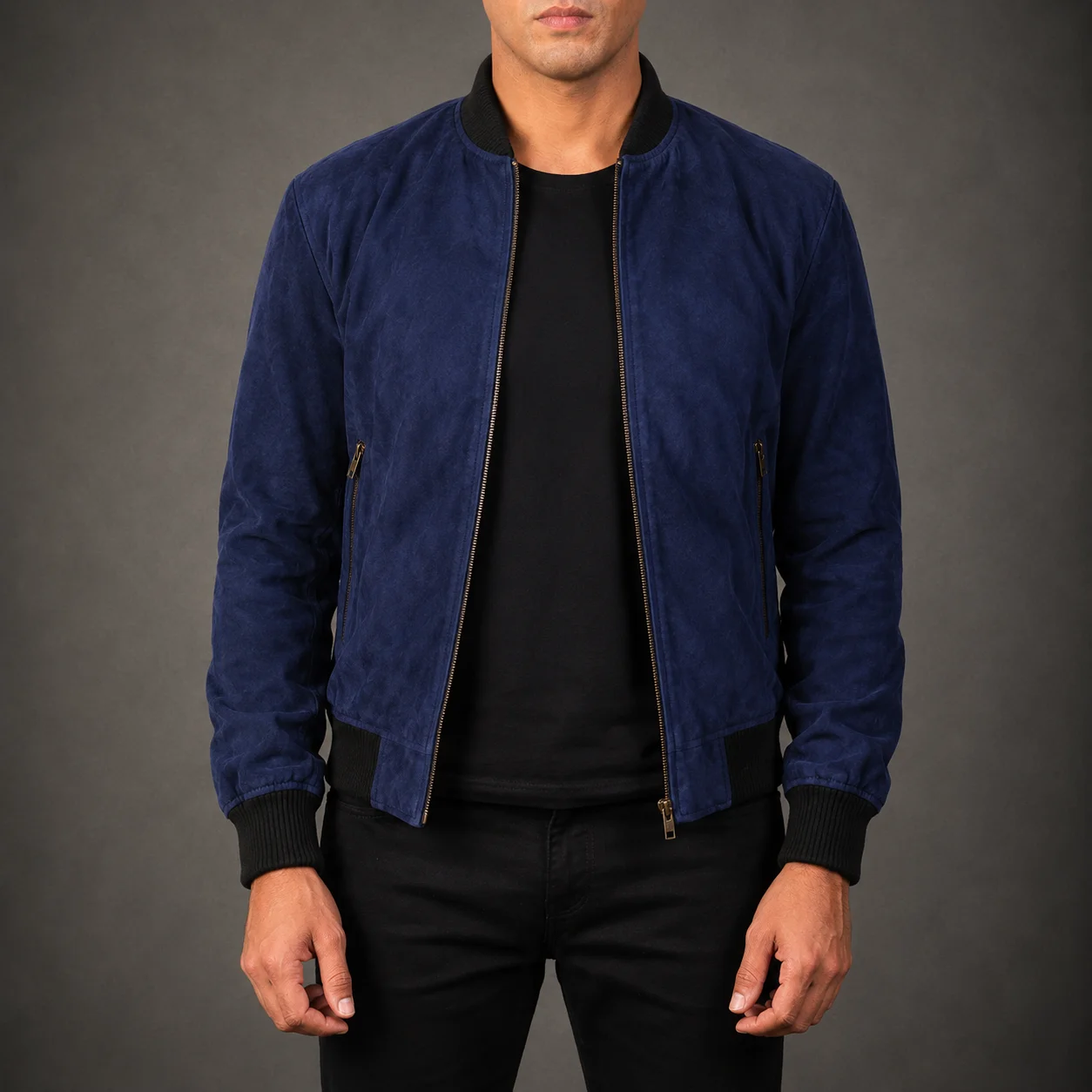 Men's Ashton blue suede bomber jacket crafted from premium suede leather featuring a sophisticated blue finish, classic bomber silhouette, soft suede texture, ribbed trims, and timeless everyday style by Jonny N Guys