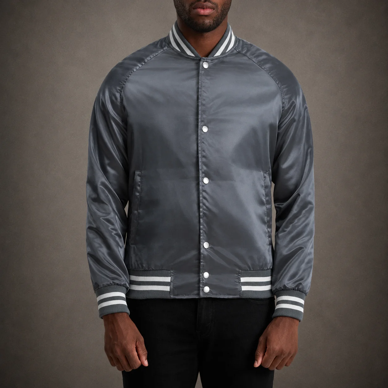 Men's Slate Grey Satin Varsity Jacket with Rib Knit Trim