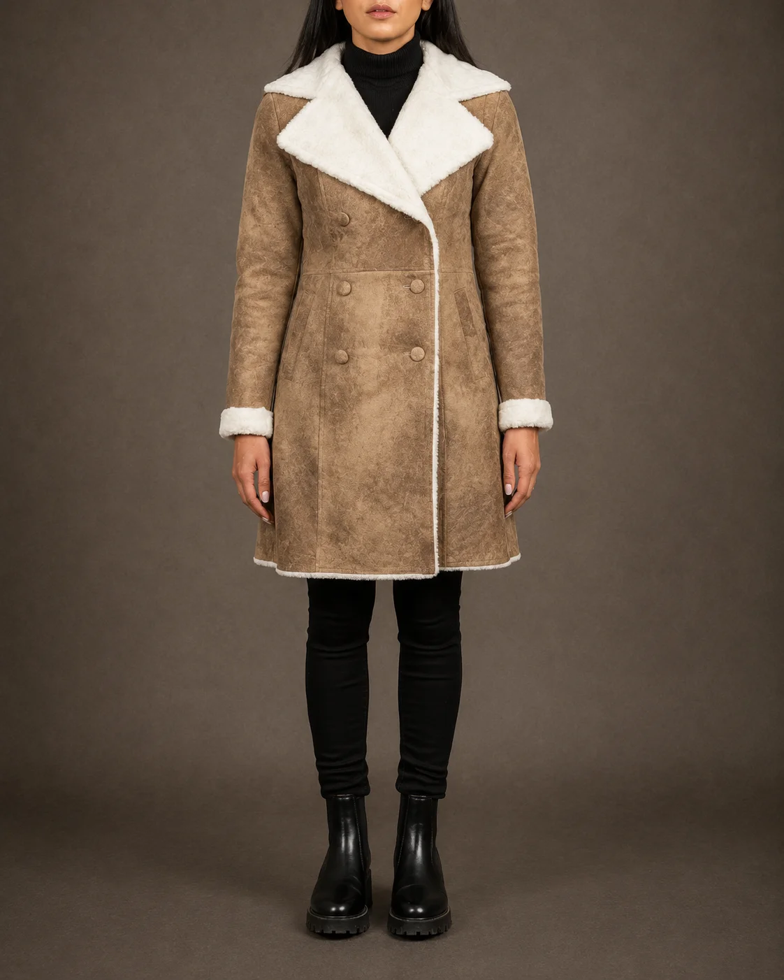 Elowen women's distressed brown double breasted sheepskin leather coat with faux fur lining
