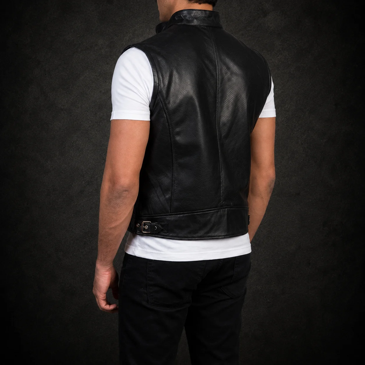 Men's Ranger black leather biker vest crafted from premium genuine leather featuring a sleek black finish, classic motorcycle-inspired silhouette, durable construction, comfortable tailored fit, and timeless biker style by Jonny N Guys