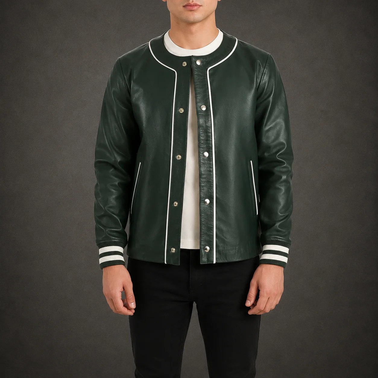Men's Forest Green Genuine Leather Varsity Jacket