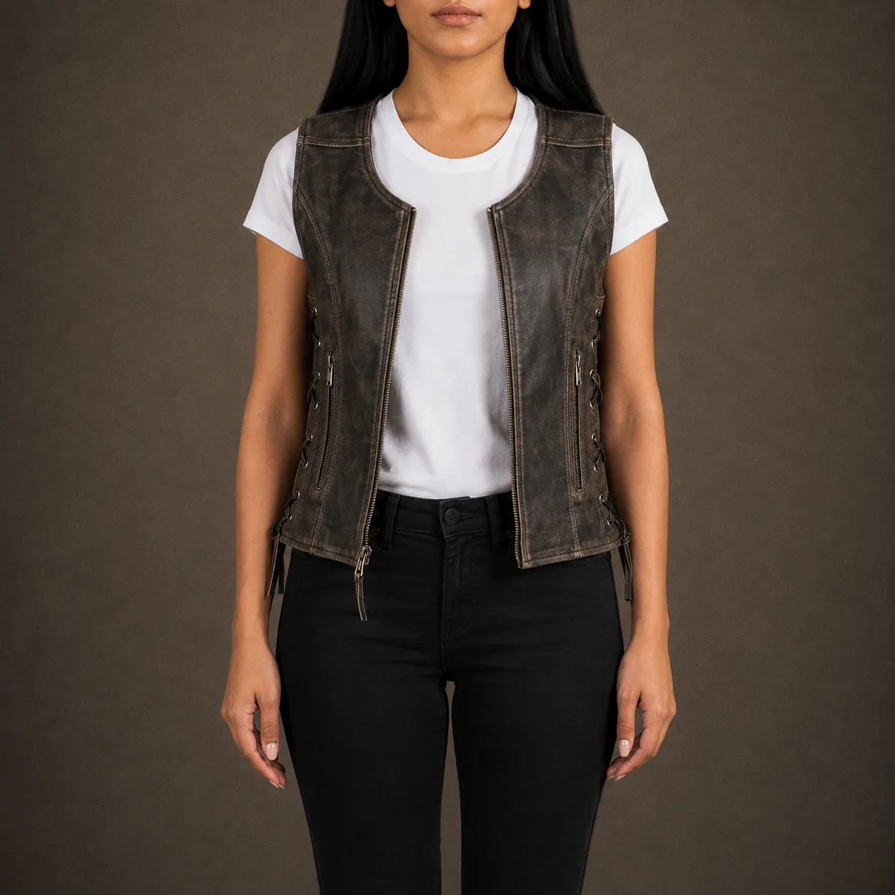 Women’s Vanda Distressed Brown Goatskin Leather Biker Vest