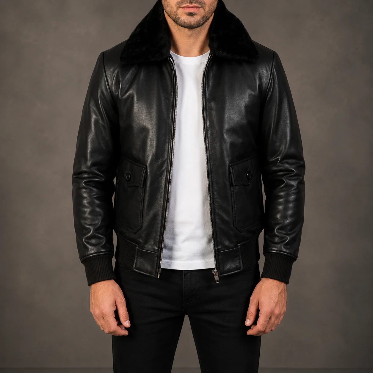 Men's Airin G-1 black leather bomber jacket crafted from premium genuine leather featuring a classic G-1 flight silhouette, sleek black finish, ribbed trims, durable construction, and timeless aviation-inspired style by Jonny N Guys