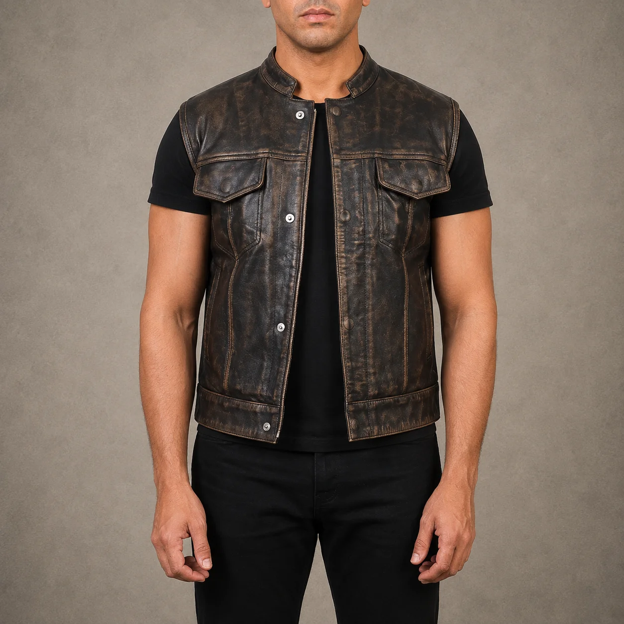 Men's Sterling Moto distressed brown leather vest crafted from premium genuine leather featuring a vintage distressed brown finish, classic motorcycle-inspired sleeveless design, durable construction, tailored fit, and rugged biker style by Jonny N Guys