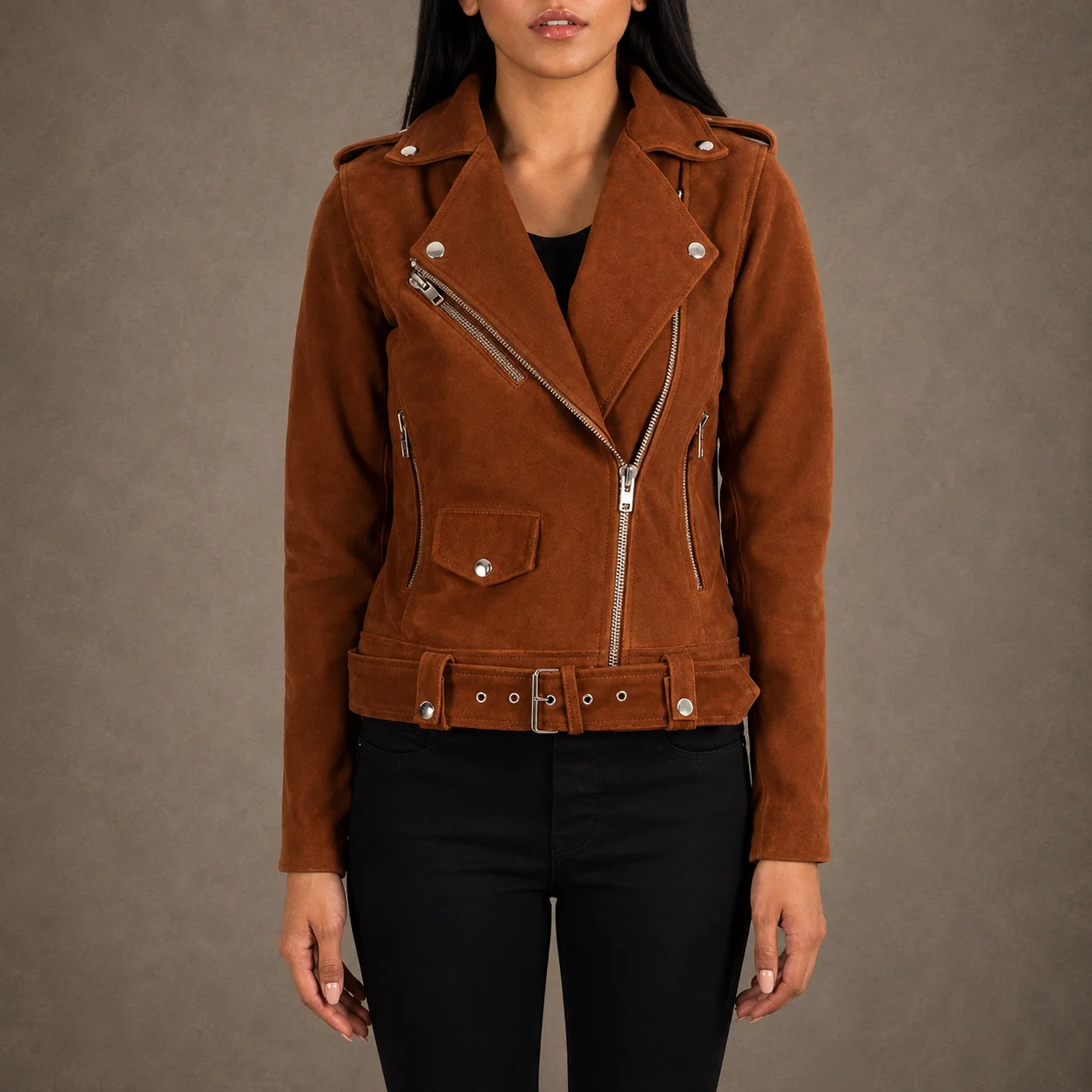 Women’s Alison Brown Goatskin Suede Biker Jacket