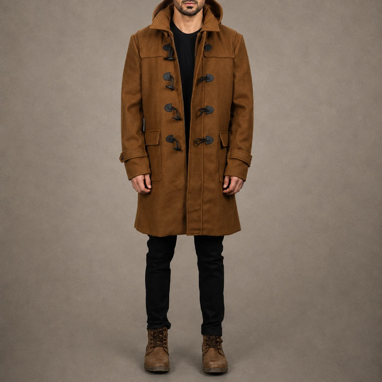 Men’s Drake Khaki Hooded Wool Duffle Coat with Toggle Button Closure