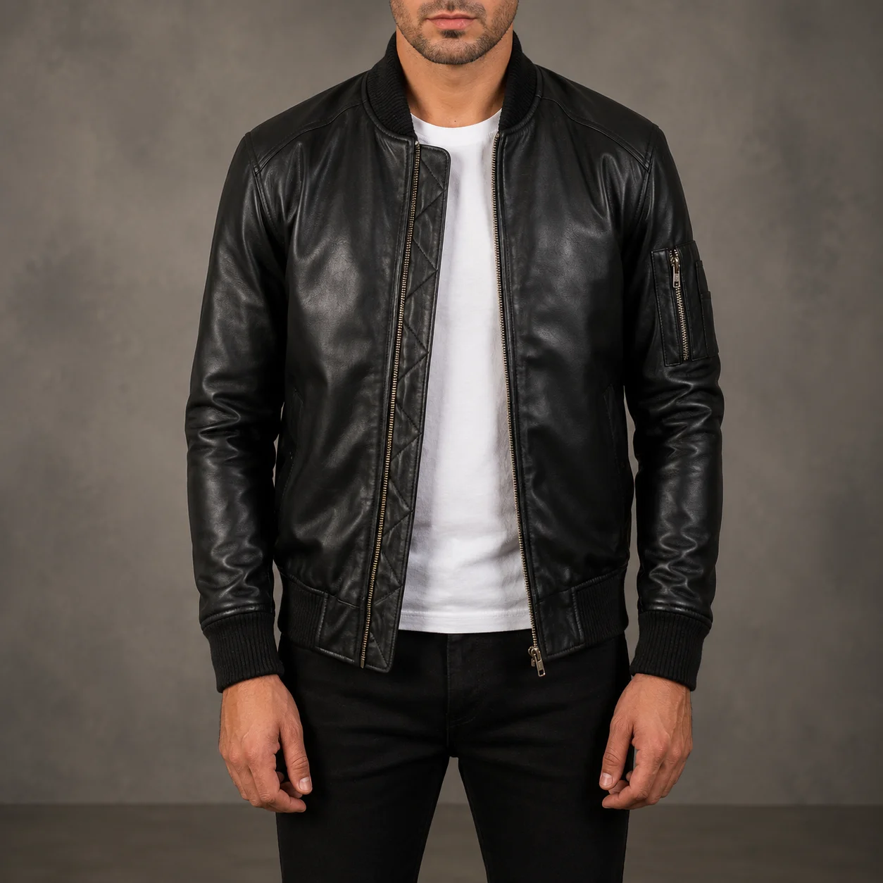 Easton MA-1 Black Leather Bomber Jacket