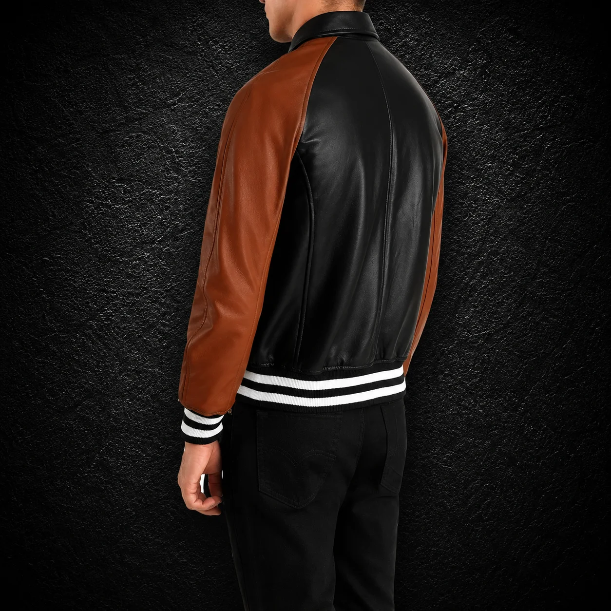 Men's Dual-Tone Black & Brown Leather Varsity Jacket alternate