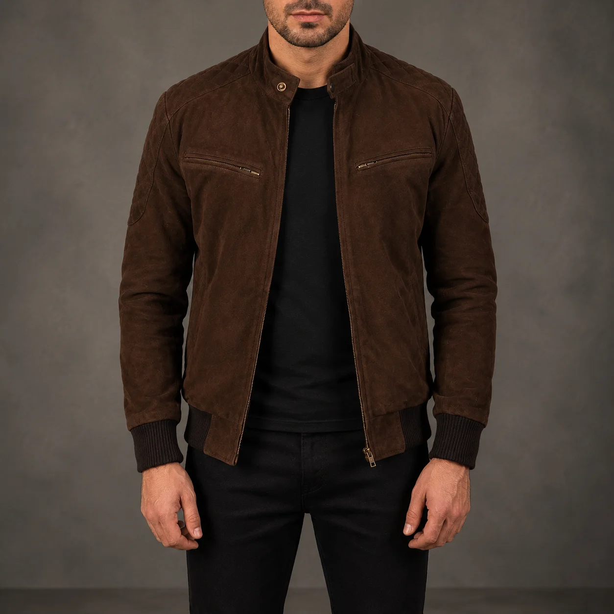 Men's Sven mocha suede bomber jacket crafted from premium suede leather featuring a rich mocha finish, classic bomber silhouette, soft suede texture, ribbed trims, and timeless everyday style by Jonny N Guys
