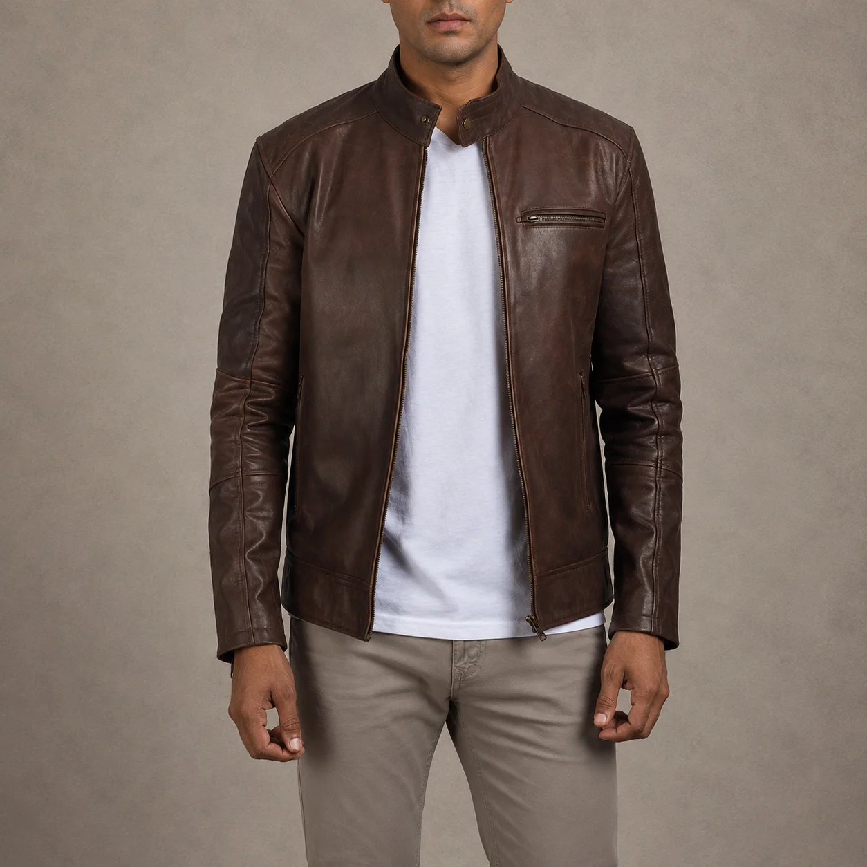 Men's Ryder Vintage Brown Cowhide Leather Cafe Racer Biker Jacket