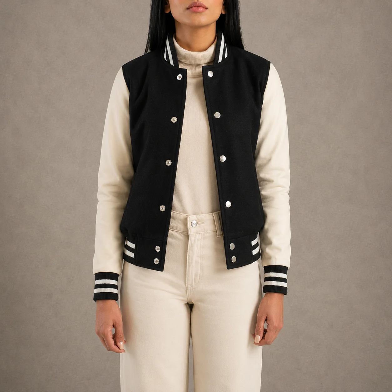Women's black and white hybrid varsity jacket with genuine leather sleeves